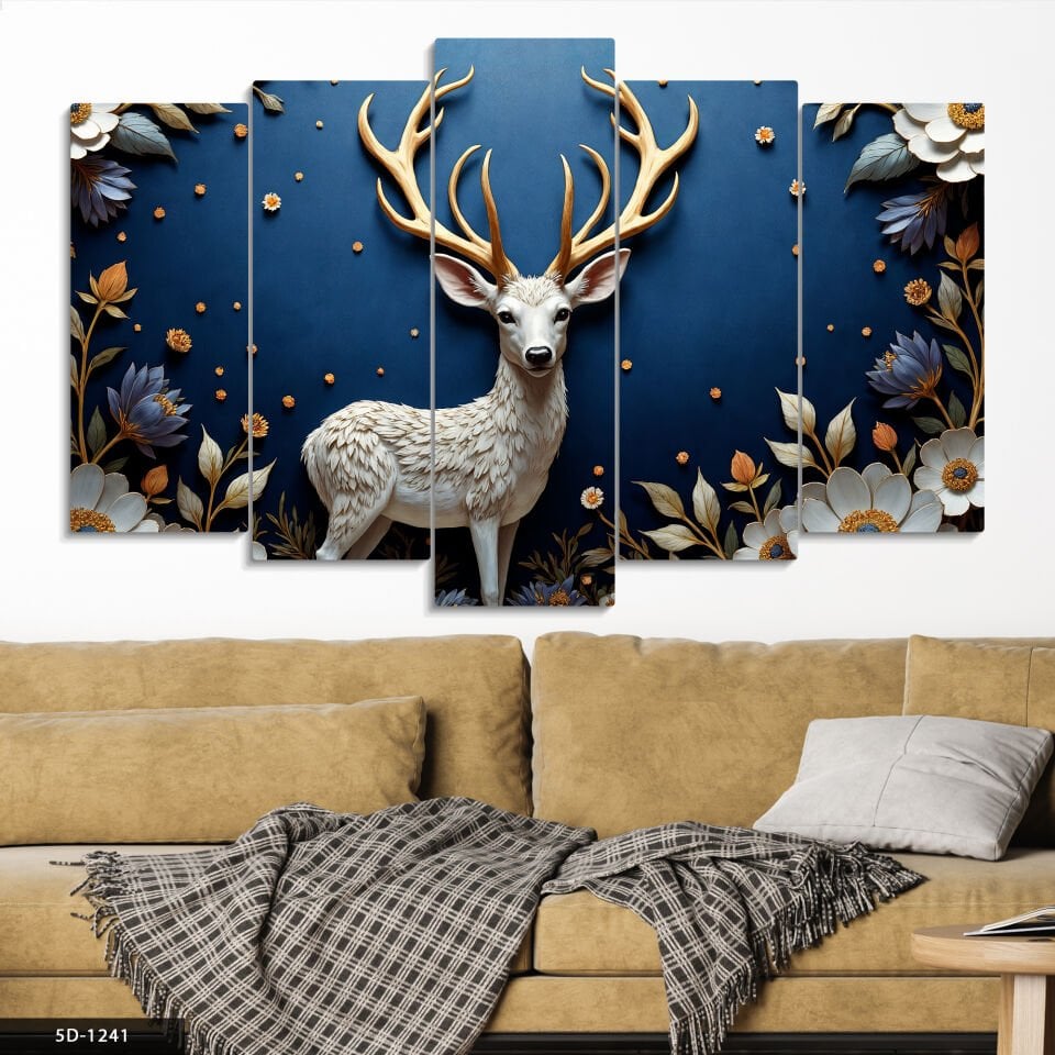 Dokulu Görünüm Geyik ve Çiçekler 5 Parça Mdf Tablo 60x100 CM