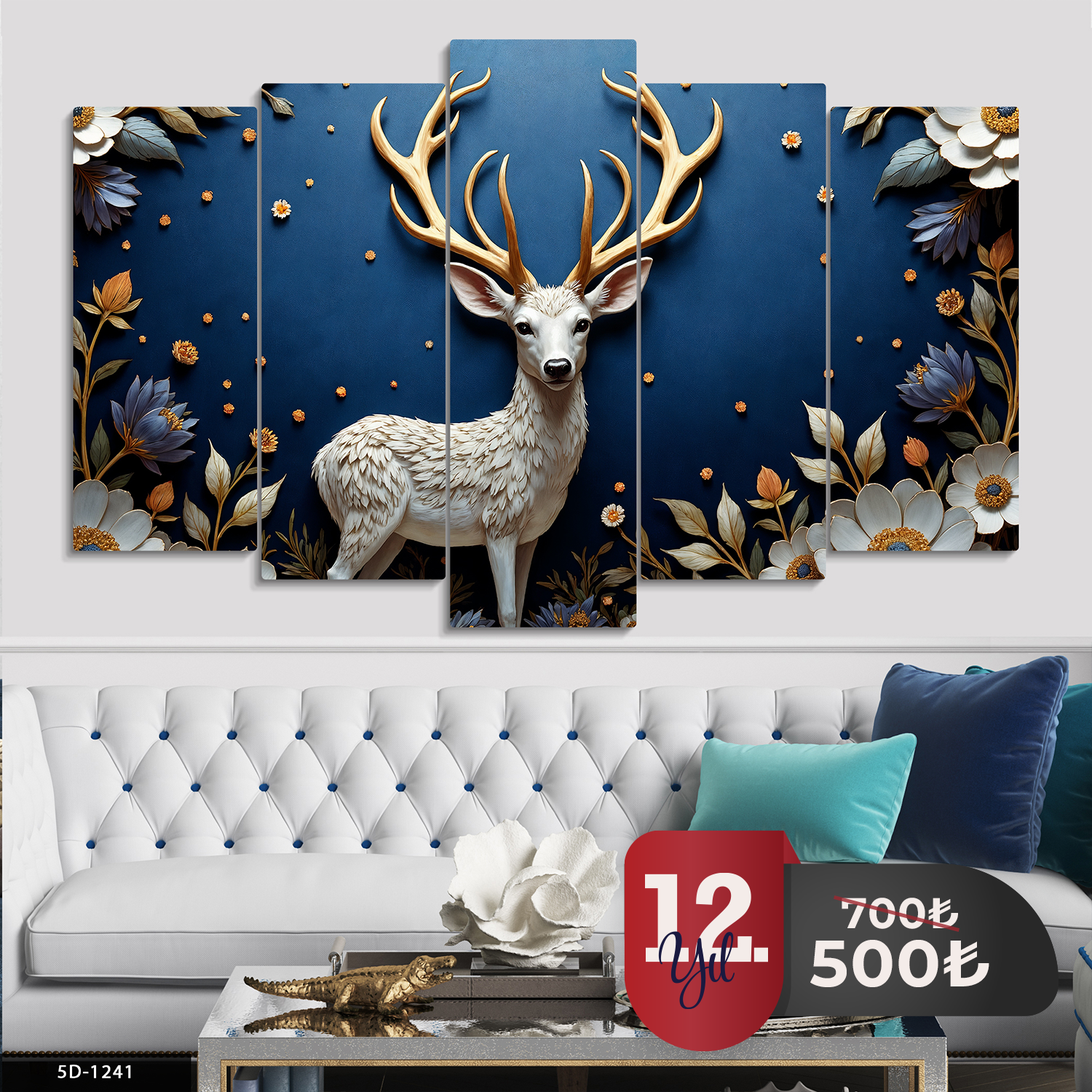 Dokulu Görünüm Geyik ve Çiçekler 5 Parça Mdf Tablo 60x100 CM