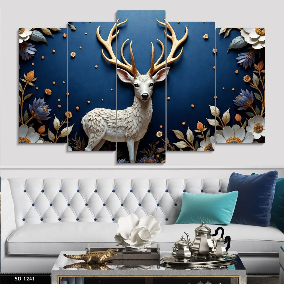 Dokulu Görünüm Geyik ve Çiçekler 5 Parça Mdf Tablo 60x100 CM