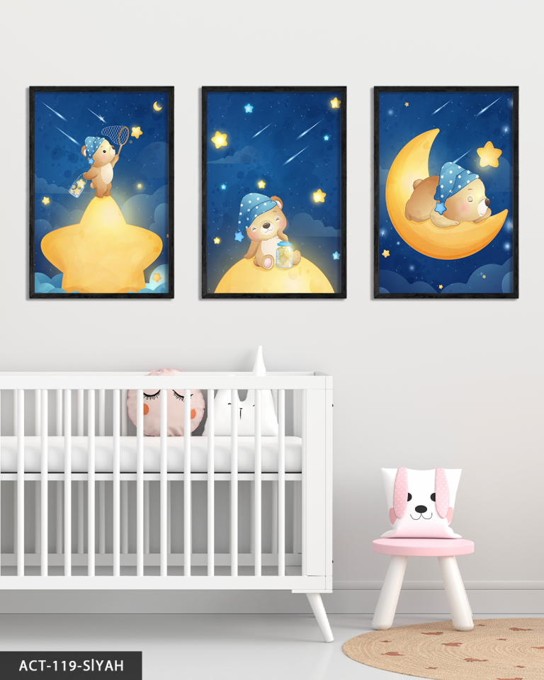 Sevimli Kedi 3 Parça Ahşap Çerçeveli Tablo ACT Siyah - 50 x 70 CM