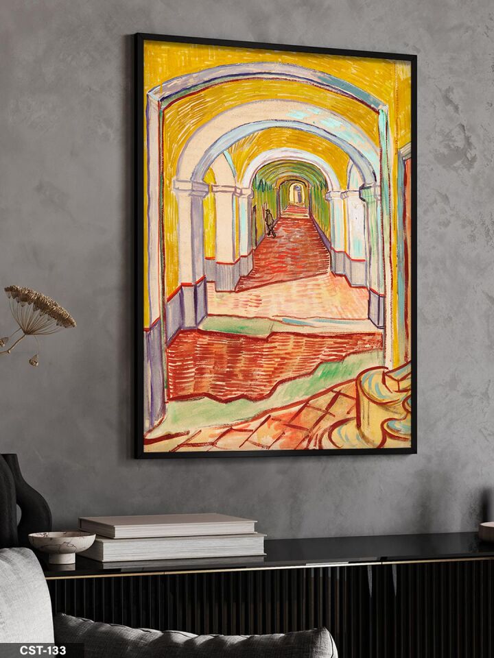 Sarı Tonlarda Mimari Koridor illüstrasyon Tek Parça Ahşap Çerçeveli Tablo Siyah - 40 x 60 CM