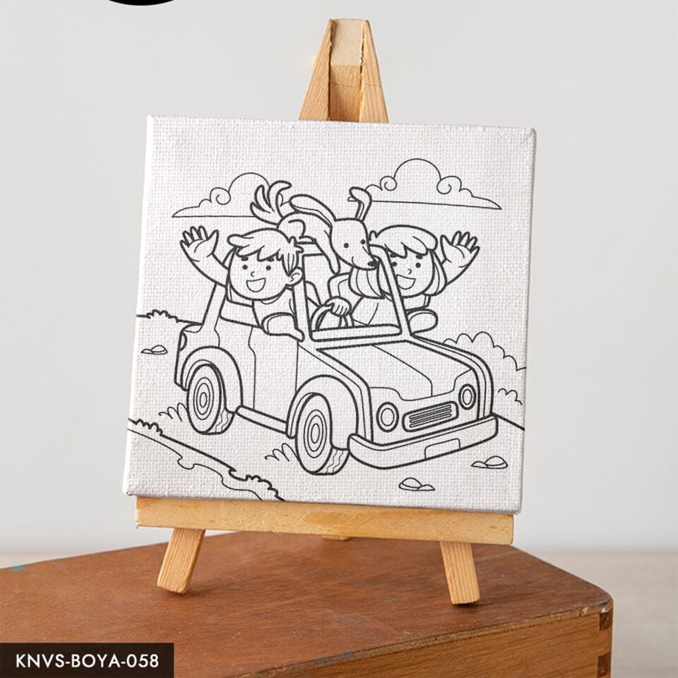 Araba Yolculuğunda Mutlu Aile Çocuklara Özel 20x20 CM Kanvas Tuval Boyama Seti Fırça Boya Dahildir