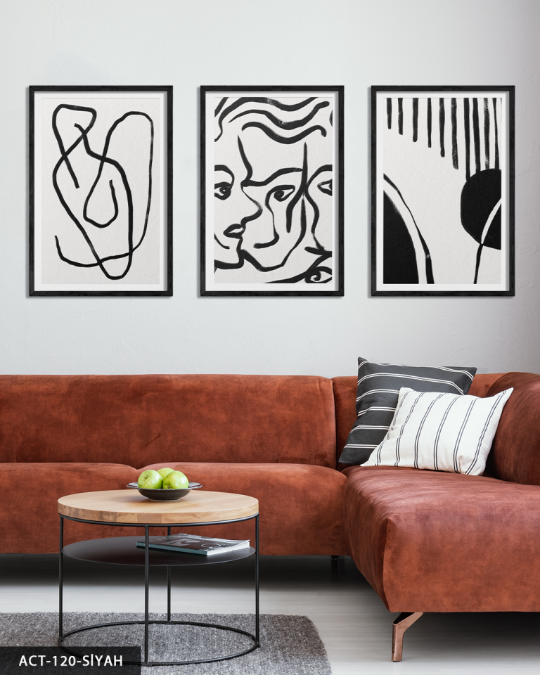 Portreler ve Soyut Sanat 3 Parça Ahşap Çerçeveli Tablo ACT Siyah - 50 x 70 CM