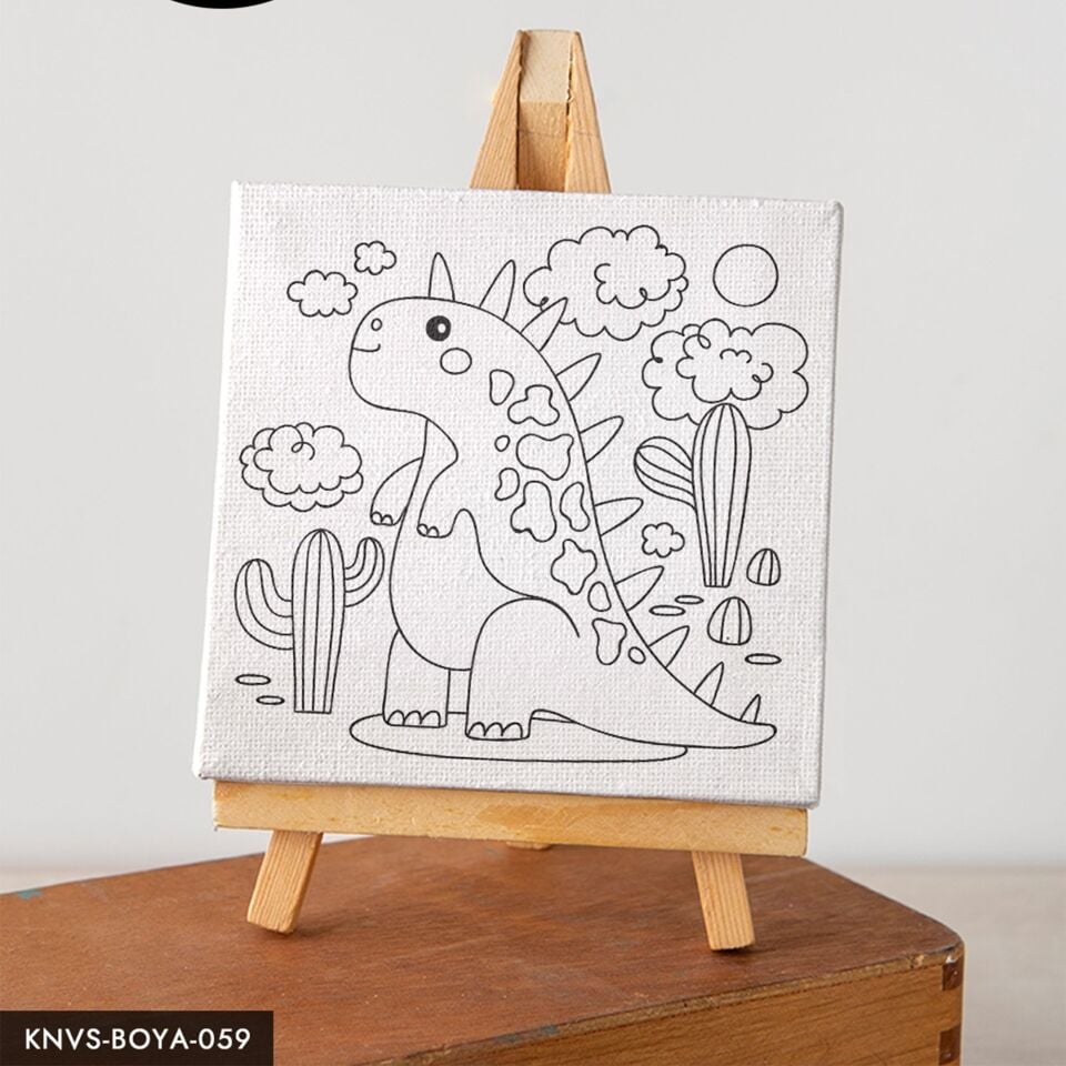 Sevimli Dinozor Çocuklara Özel 20x20 CM Kanvas Tuval Boyama Seti Fırça Boya Dahildir