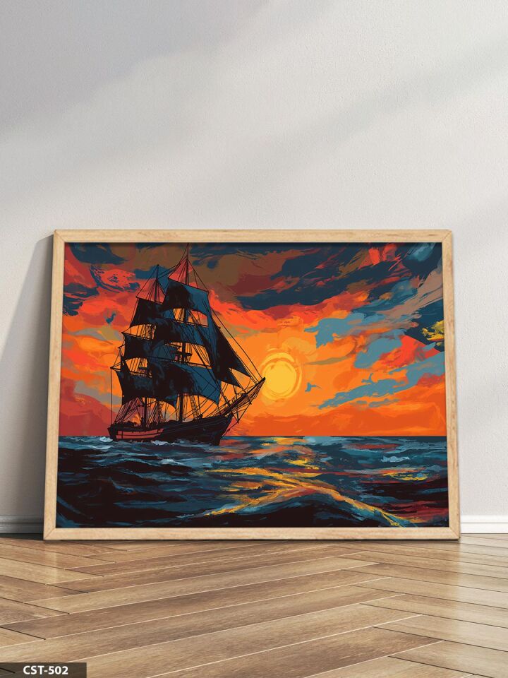 Günbatımında Gemi Tek Parça Ahşap Çerçeveli Tablo Naturel - 40 x 60 CM