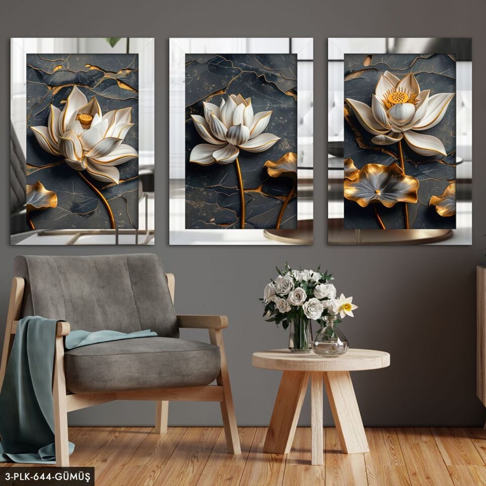 Çiçek 3D Görünümlü Arka Plan 3 Parça Pleksi Aynalı Tablo 20 x 30 CM - Gümüş