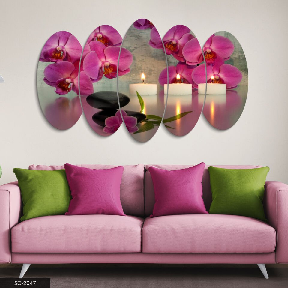 Çiçekler ve Mum 5 Parça Mdf Tablo 60x100 CM