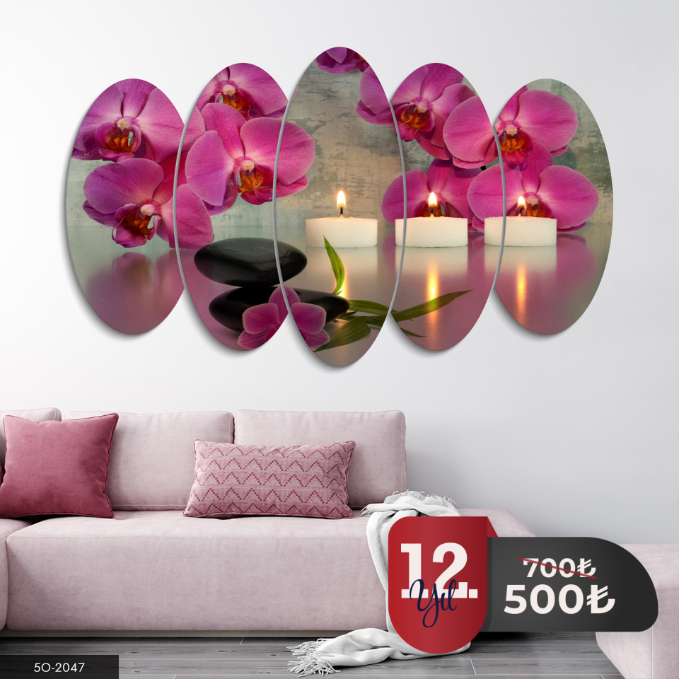 Çiçekler ve Mum 5 Parça Mdf Tablo 60x100 CM