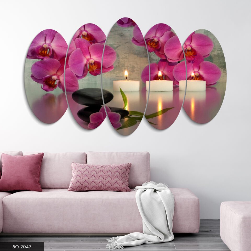 Çiçekler ve Mum 5 Parça Mdf Tablo 60x100 CM