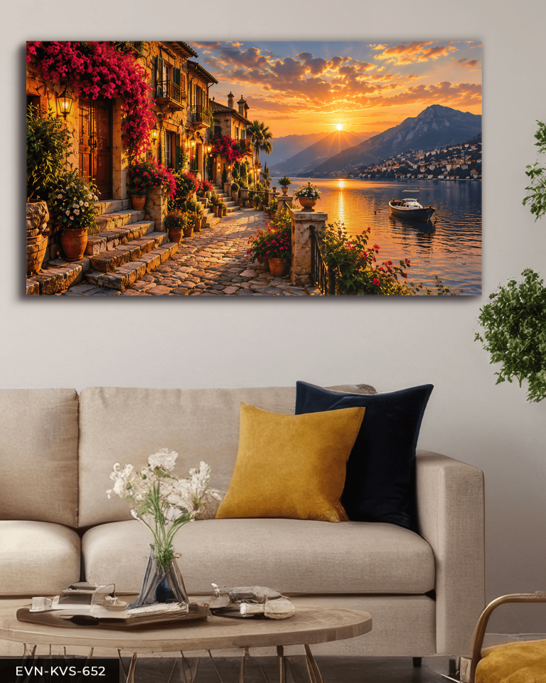 Çiçekli Kasaba ve Gün Batımlı Deniz Manzarası Tek Parça Kanvas - Canvas Tablo