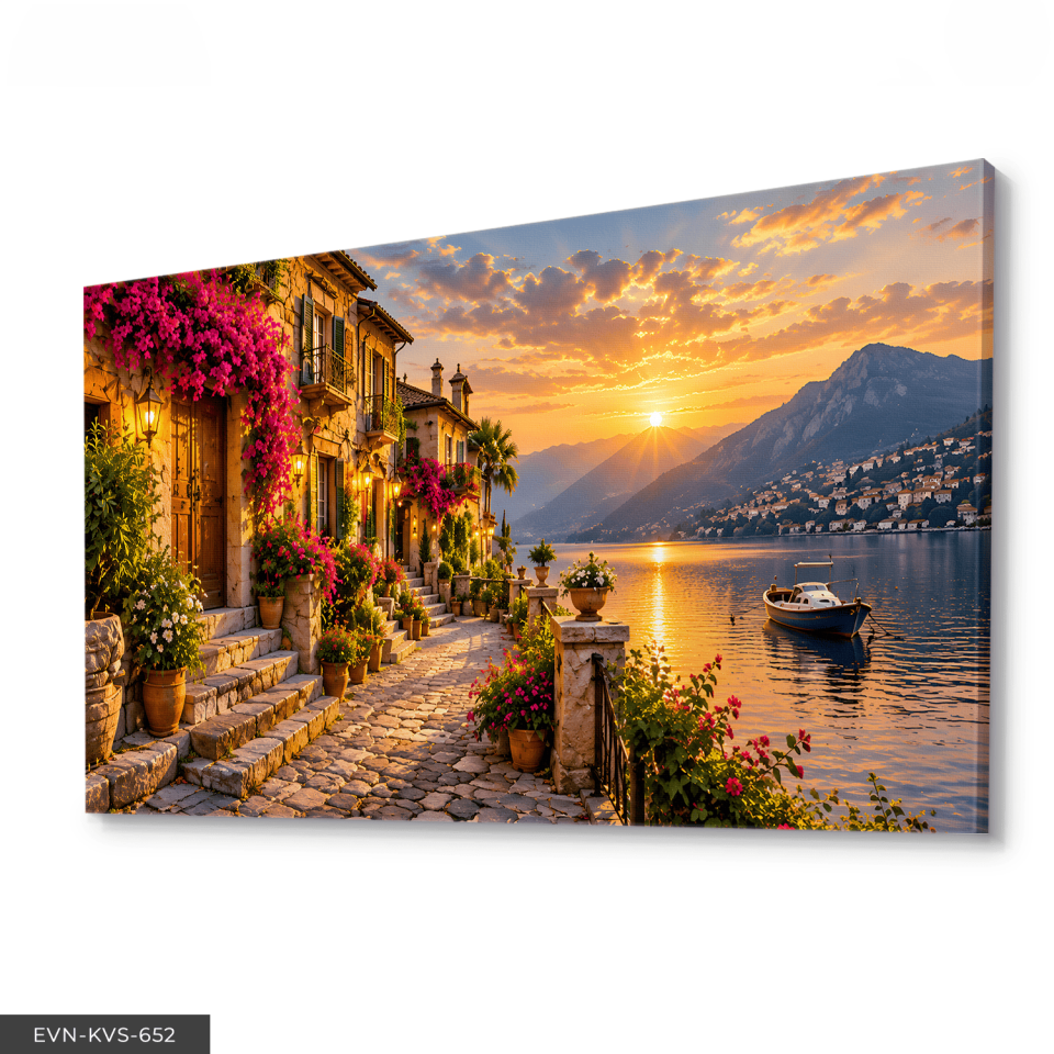 Çiçekli Kasaba ve Gün Batımlı Deniz Manzarası Tek Parça Kanvas - Canvas Tablo