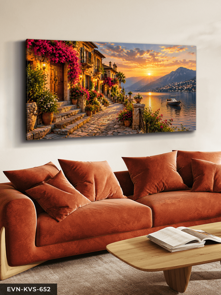 Çiçekli Kasaba ve Gün Batımlı Deniz Manzarası Tek Parça Kanvas - Canvas Tablo