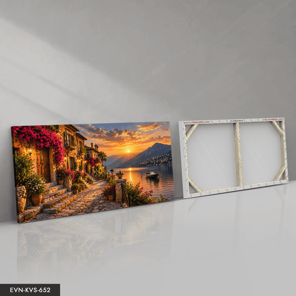 Çiçekli Kasaba ve Gün Batımlı Deniz Manzarası Tek Parça Kanvas - Canvas Tablo