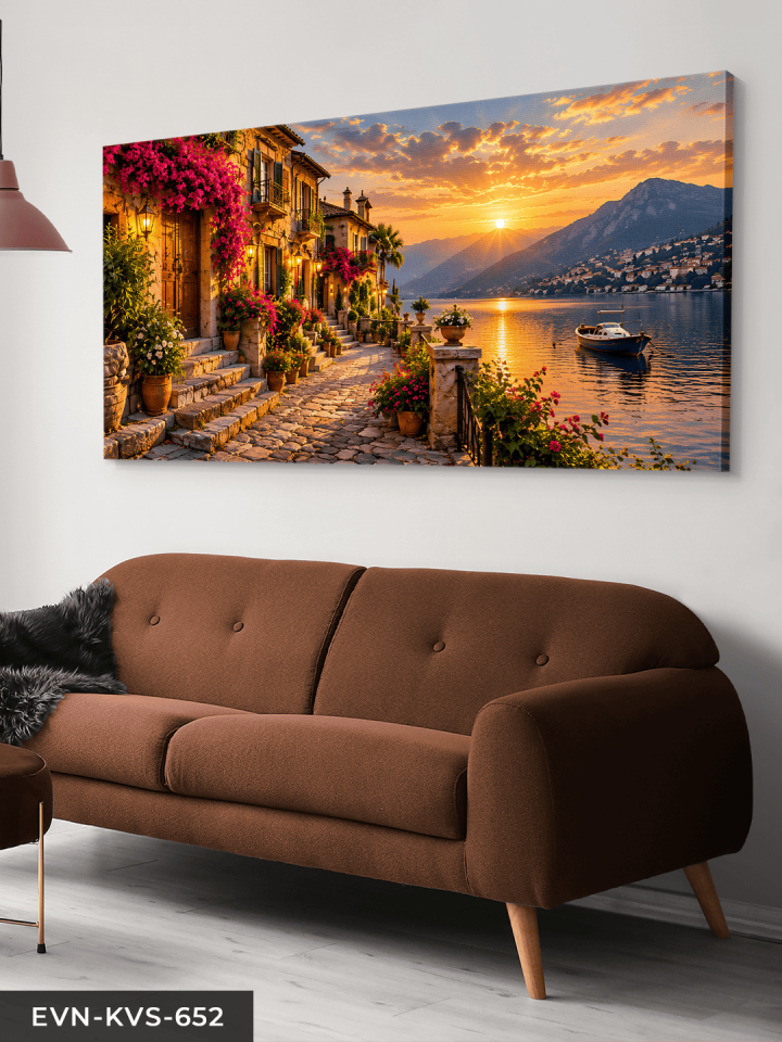 Çiçekli Kasaba ve Gün Batımlı Deniz Manzarası Tek Parça Kanvas - Canvas Tablo