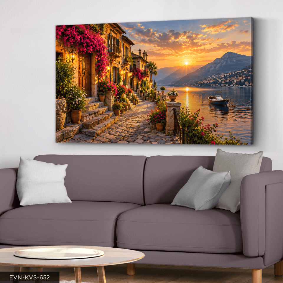 Çiçekli Kasaba ve Gün Batımlı Deniz Manzarası Tek Parça Kanvas - Canvas Tablo