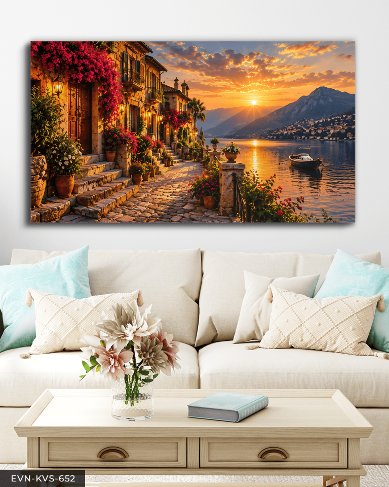 Çiçekli Kasaba ve Gün Batımlı Deniz Manzarası Tek Parça Kanvas - Canvas Tablo