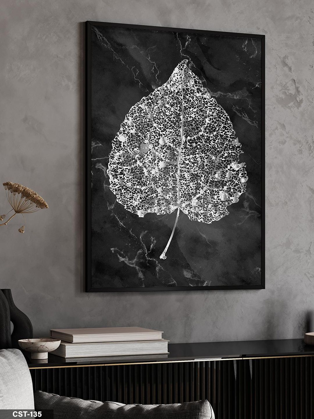 Gümüş Yaprak Tek Parça Ahşap Çerçeveli Tablo Siyah - 40 x 60 CM