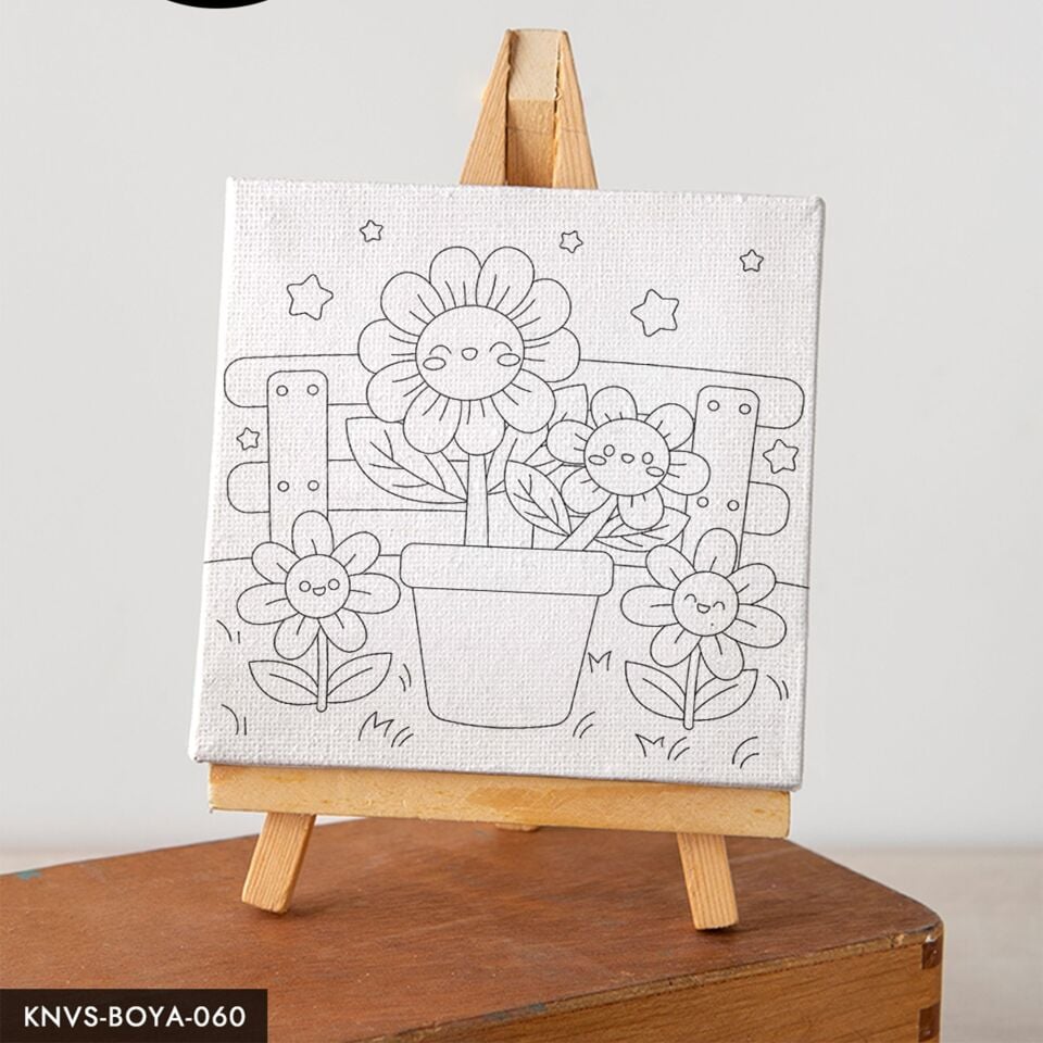 Saksıdaki Mutlu Çiçek Çocuklara Özel 20x20 CM Kanvas Tuval Boyama Seti Fırça Boya Dahildir