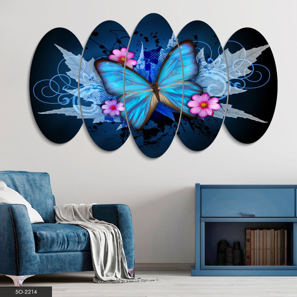 Mavi Kelebek ve Çiçek 5 Parça Mdf Tablo 60x100 CM