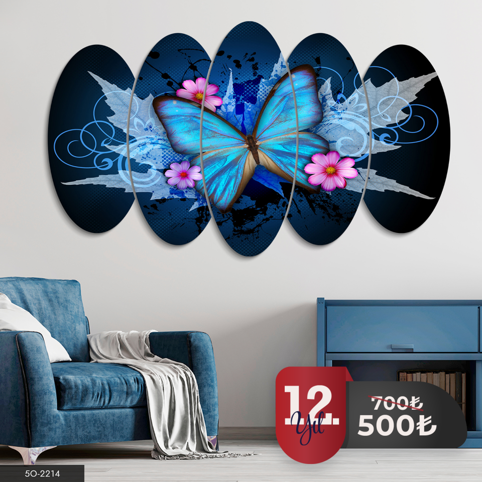 Mavi Kelebek ve Çiçek 5 Parça Mdf Tablo 60x100 CM