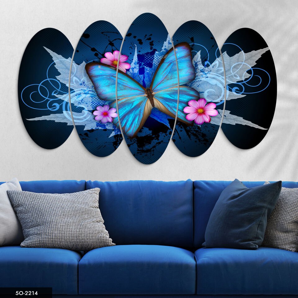 Mavi Kelebek ve Çiçek 5 Parça Mdf Tablo 60x100 CM