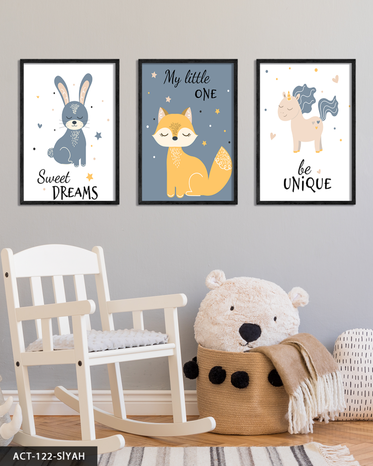 Hayvan Temalı Çocuk Odası 3 Parça Ahşap Çerçeveli Tablo ACT Siyah - 50 x 70 CM