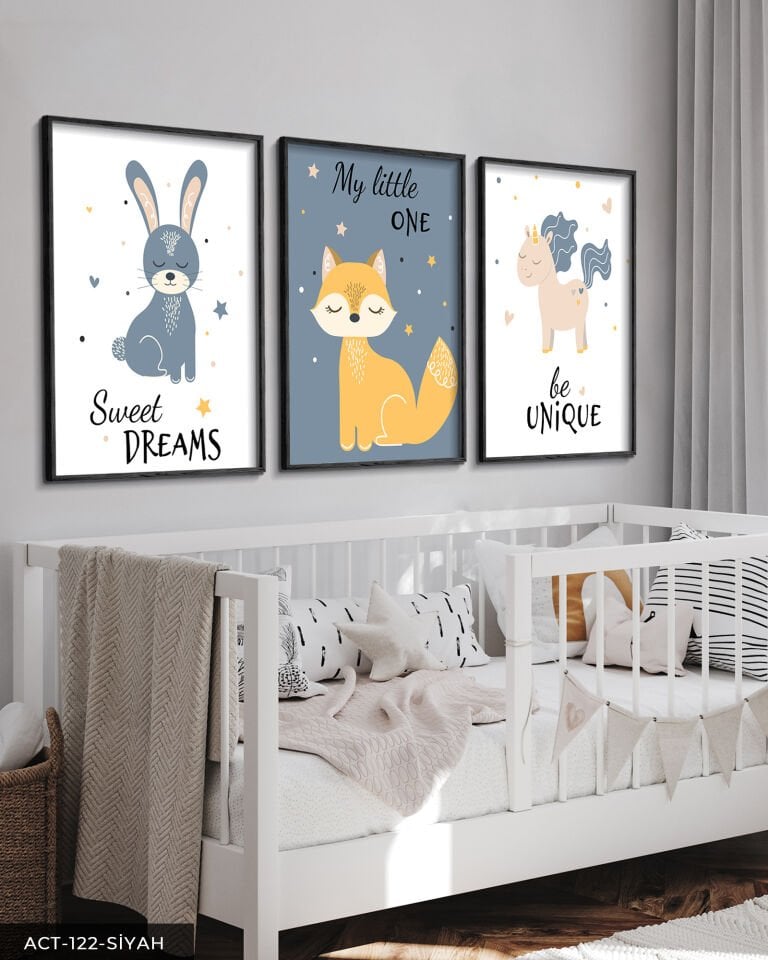 Hayvan Temalı Çocuk Odası 3 Parça Ahşap Çerçeveli Tablo ACT Siyah - 50 x 70 CM