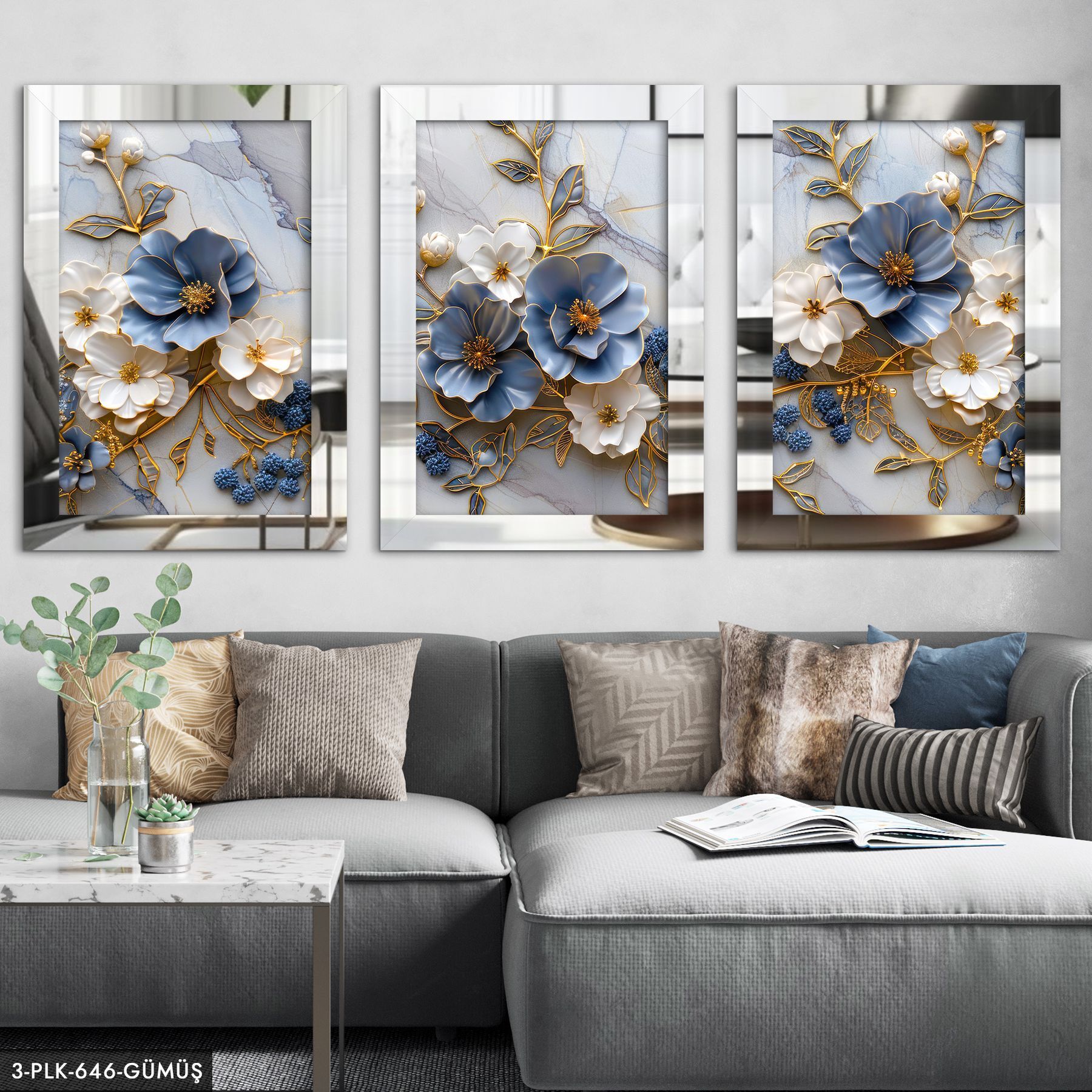 Mavi Beyaz Çiçekler Gold Yaprak Detaylı 3 Parça Pleksi Aynalı Tablo 20 x 30 CM - Gümüş