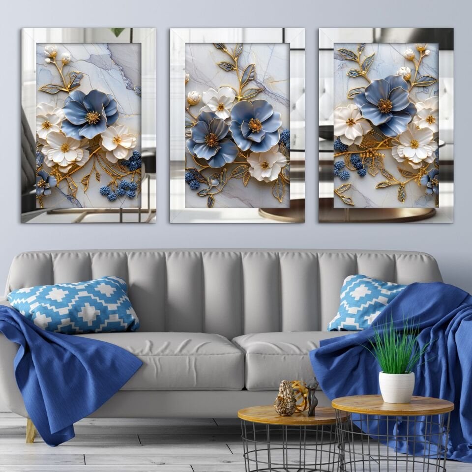 Mavi Beyaz Çiçekler Gold Yaprak Detaylı 3 Parça Pleksi Aynalı Tablo 20 x 30 CM - Gümüş