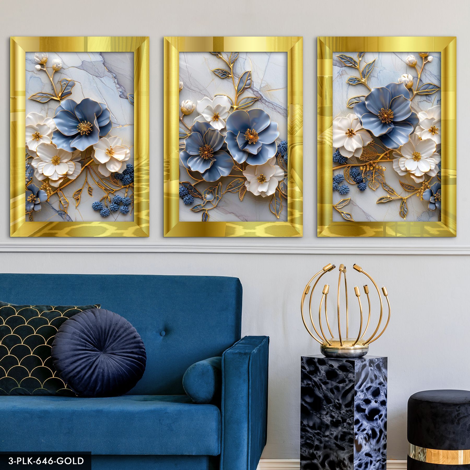 Mavi Beyaz Çiçekler Gold Yaprak Detaylı 3 Parça Pleksi Aynalı Tablo 20 x 30 CM - Gold