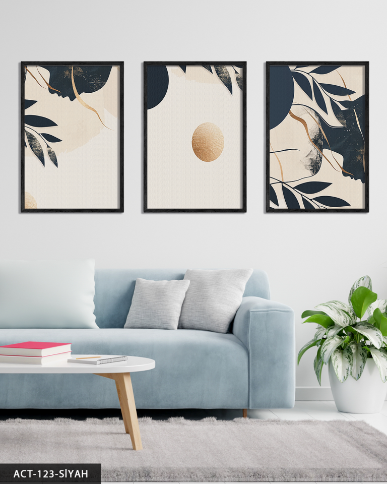 Gold Detaylı Ay ve Kadın Silüeti 3 Parça Ahşap Çerçeveli Tablo ACT Siyah - 50 x 70 CM