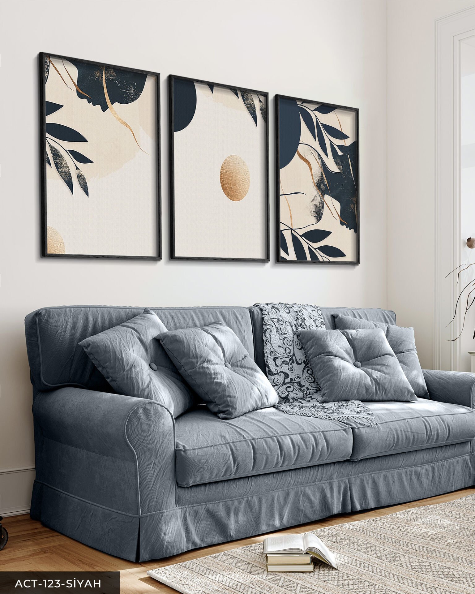 Gold Detaylı Ay ve Kadın Silüeti 3 Parça Ahşap Çerçeveli Tablo ACT Siyah - 50 x 70 CM