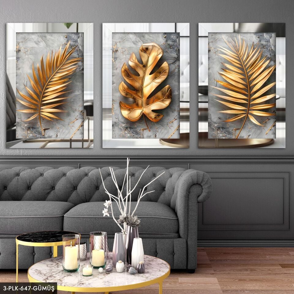 Mermer Desen Arkaplan Gold Yaprak Çiçek 3 Parça Pleksi Aynalı Tablo 20 x 30 CM - Gümüş