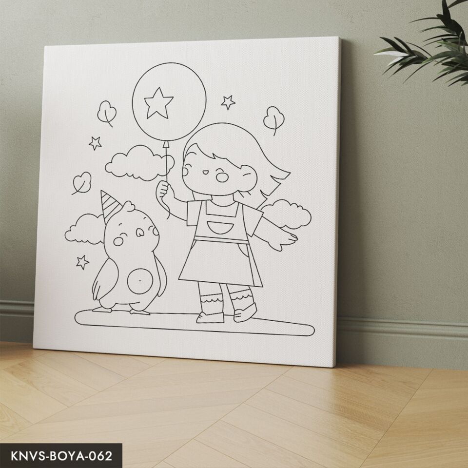 Balonla Oynayan Mutlu Kız Çocuklara Özel 20x20 CM Kanvas Tuval Boyama Seti Fırça Boya Dahildir