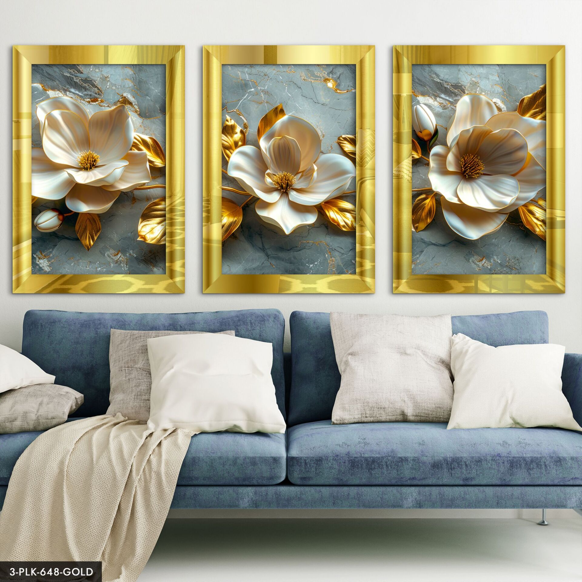 Gold Yapraklı Beyaz Çiçek 3 Parça Pleksi Aynalı Tablo 20 x 30 CM - Gold