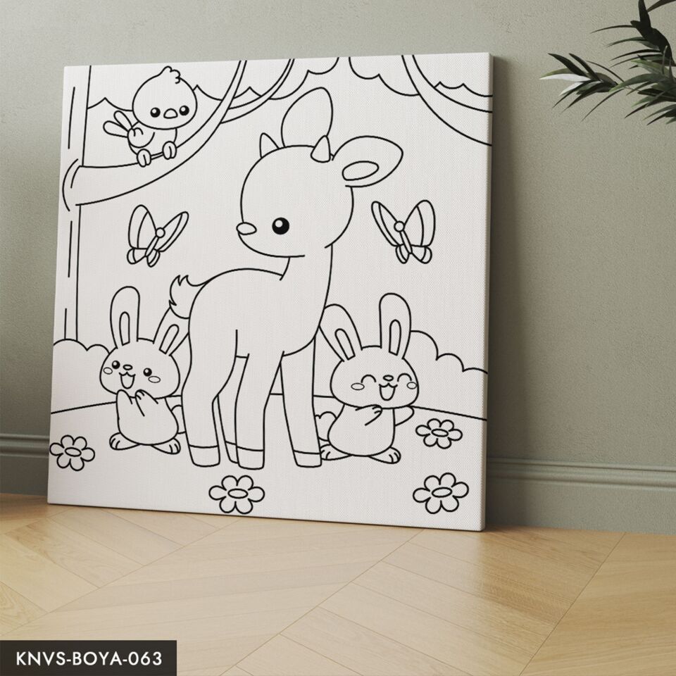 Ormanda Sevimli Hayvanlar Çocuklara Özel 20x20 CM Kanvas Tuval Boyama Seti Fırça Boya Dahildir