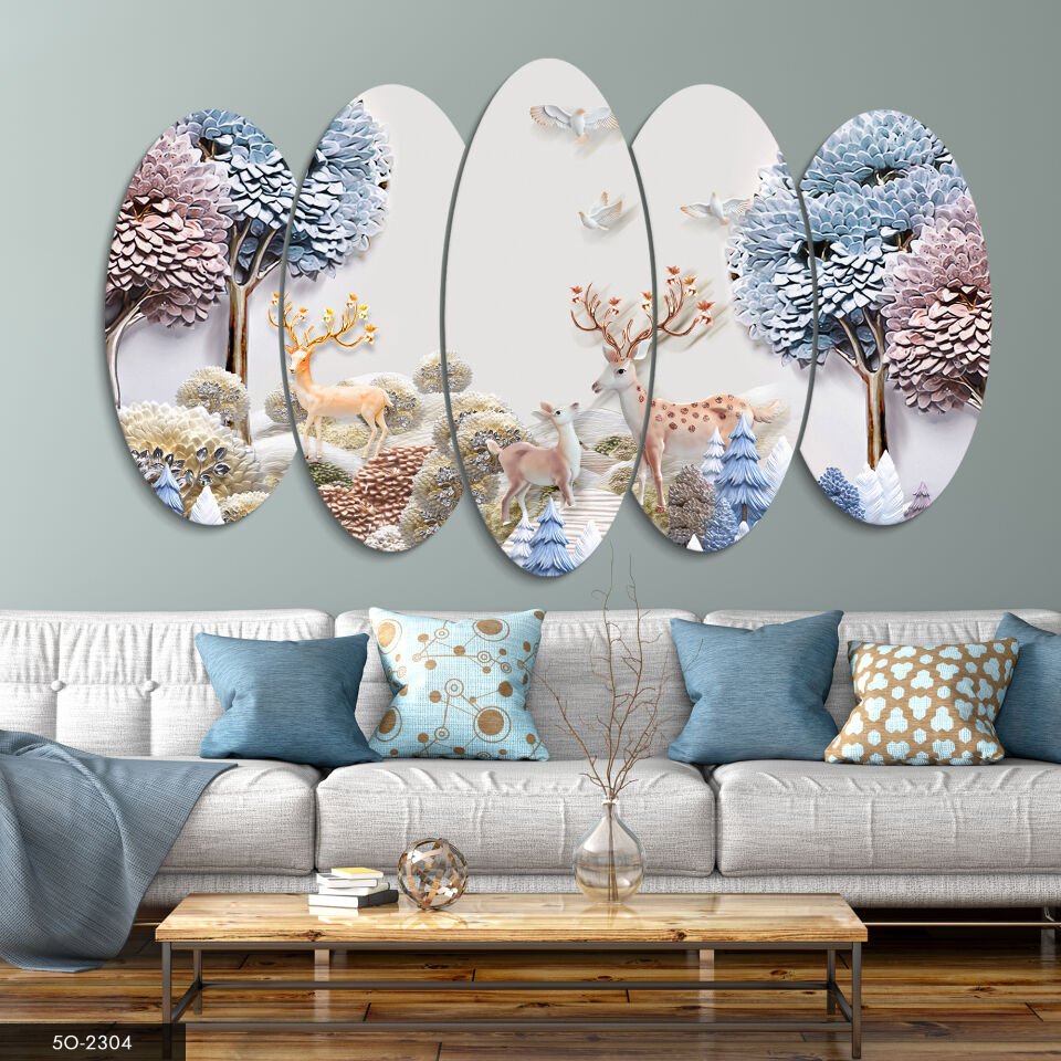 Geyik ve Ağaç 5 Parça Mdf Tablo 60x100 CM