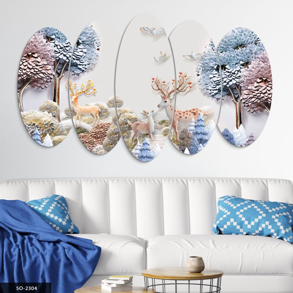 Geyik ve Ağaç 5 Parça Mdf Tablo 60x100 CM