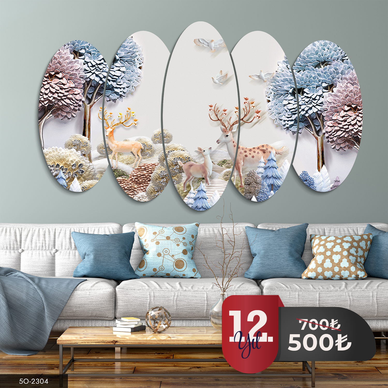 Geyik ve Ağaç 5 Parça Mdf Tablo 60x100 CM