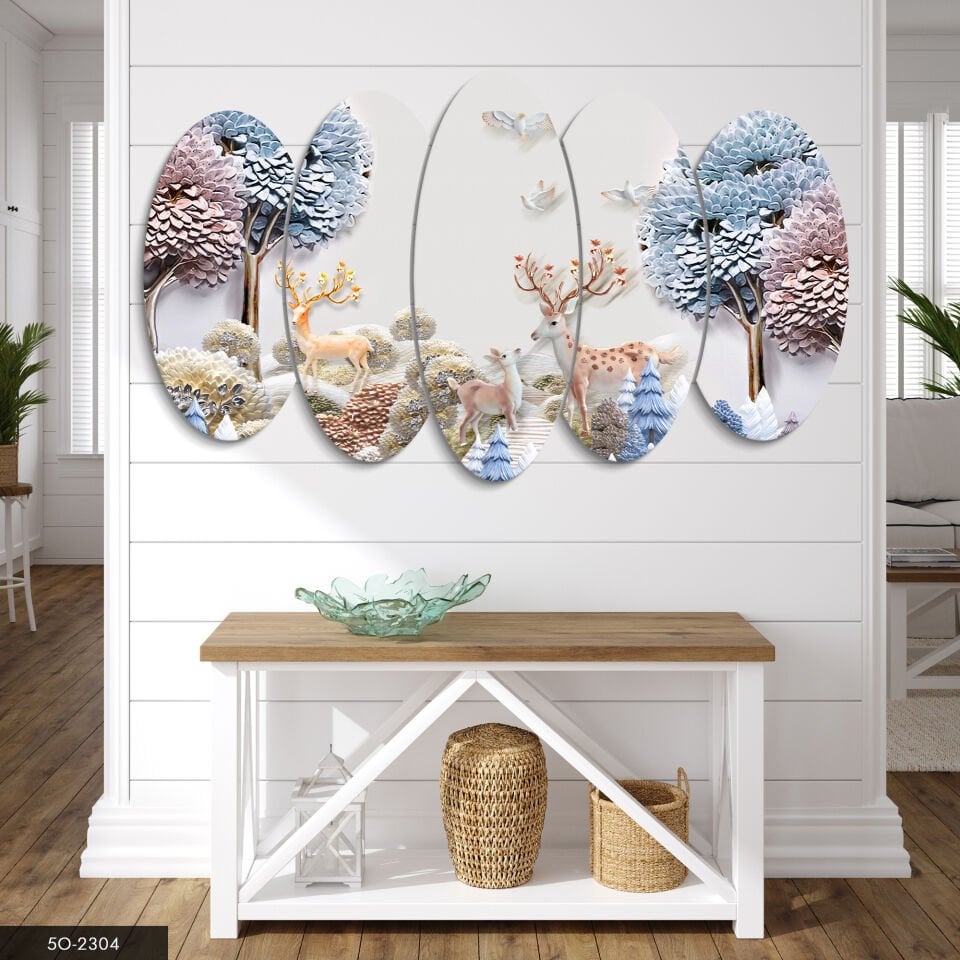 Geyik ve Ağaç 5 Parça Mdf Tablo 60x100 CM