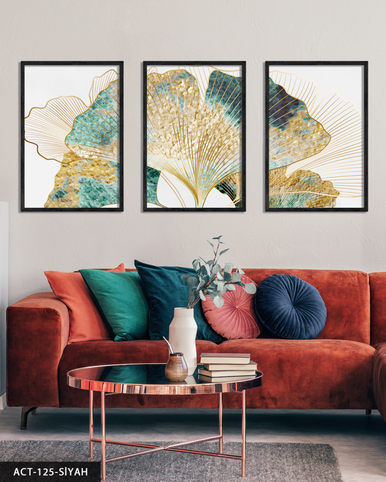 Yeşil ve Gold Detaylı Set 3 Parça Ahşap Çerçeveli Tablo ACT Siyah - 50 x 70 CM