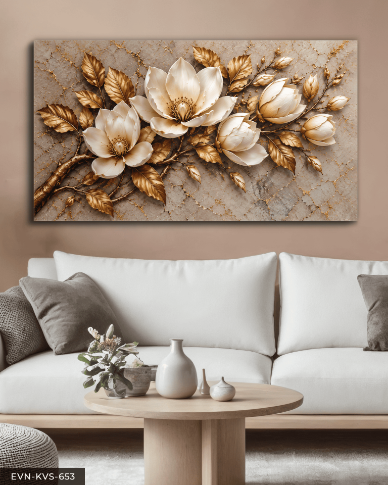 Dokulu Görünüm Altın Yapraklı Beyaz Çiçek Tek Parça Kanvas - Canvas Tablo