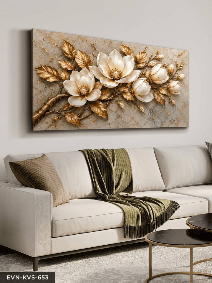Dokulu Görünüm Altın Yapraklı Beyaz Çiçek Tek Parça Kanvas - Canvas Tablo