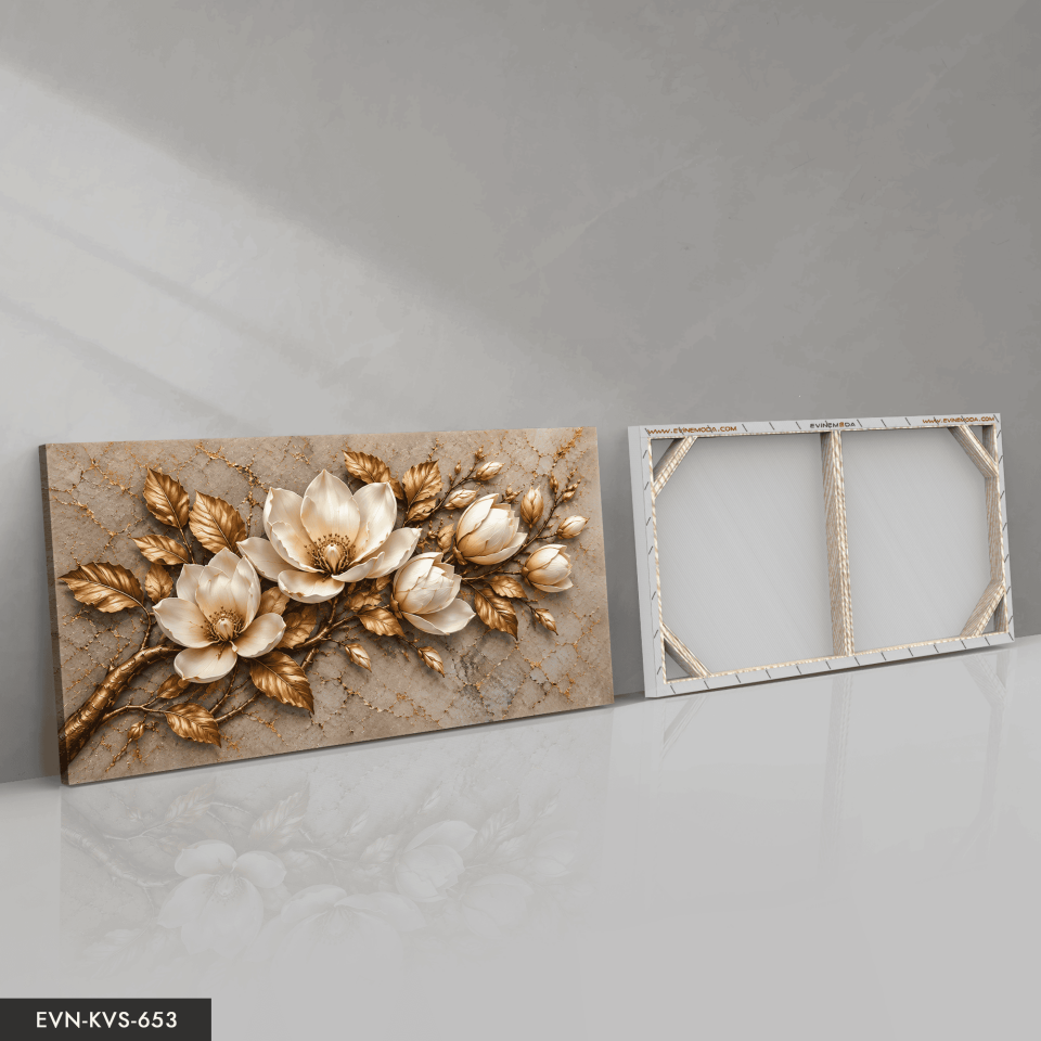 Dokulu Görünüm Altın Yapraklı Beyaz Çiçek Tek Parça Kanvas - Canvas Tablo