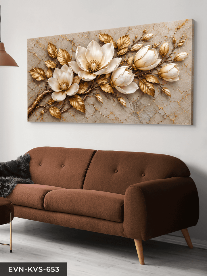Dokulu Görünüm Altın Yapraklı Beyaz Çiçek Tek Parça Kanvas - Canvas Tablo