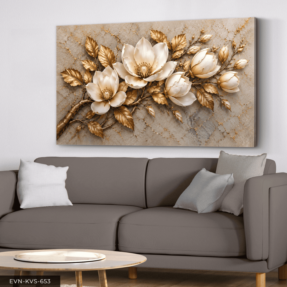 Dokulu Görünüm Altın Yapraklı Beyaz Çiçek Tek Parça Kanvas - Canvas Tablo