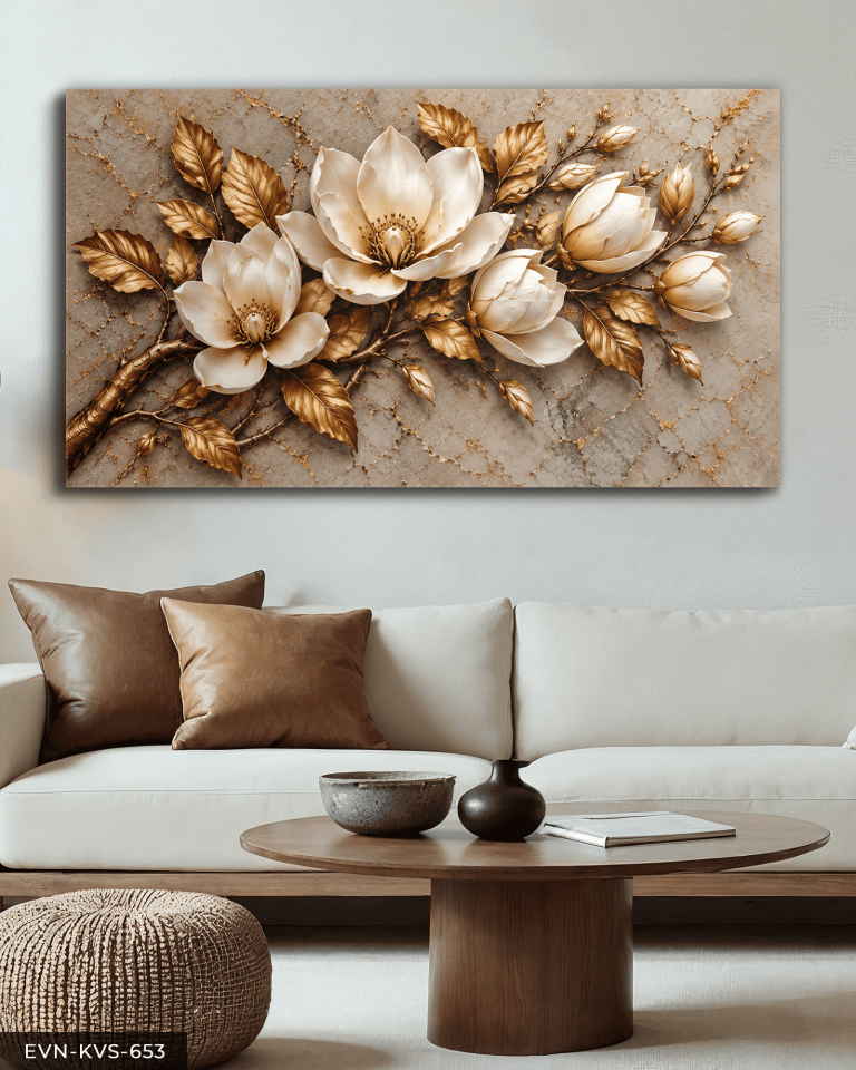 Dokulu Görünüm Altın Yapraklı Beyaz Çiçek Tek Parça Kanvas - Canvas Tablo