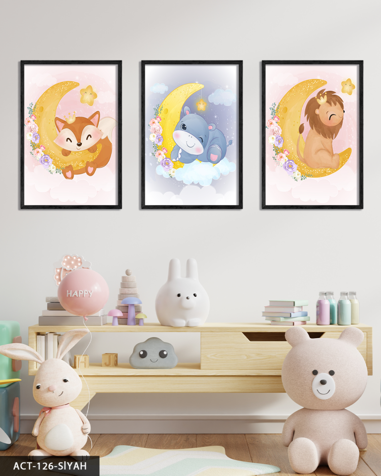 Hayvan Temalı Çocuk Odası 3 Parça Ahşap Çerçeveli Tablo ACT Siyah - 50 x 70 CM