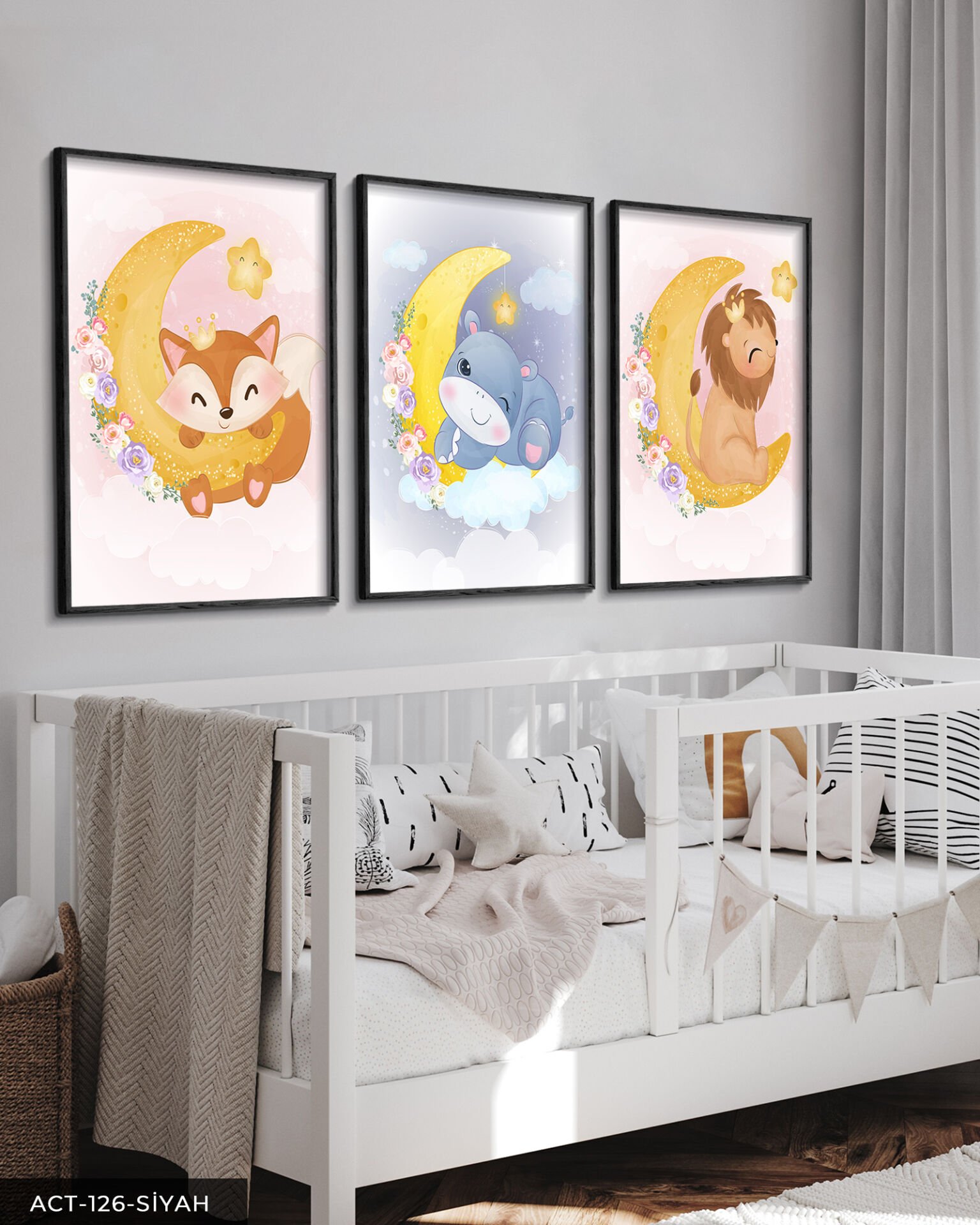 Hayvan Temalı Çocuk Odası 3 Parça Ahşap Çerçeveli Tablo ACT Siyah - 50 x 70 CM