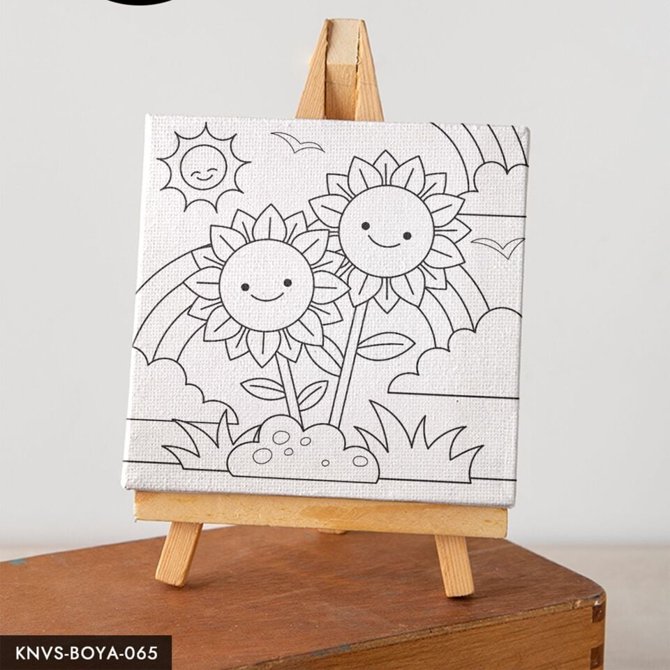 Mutlu Çiçekler Çocuklara Özel 20x20 CM Kanvas Tuval Boyama Seti Fırça Boya Dahildir